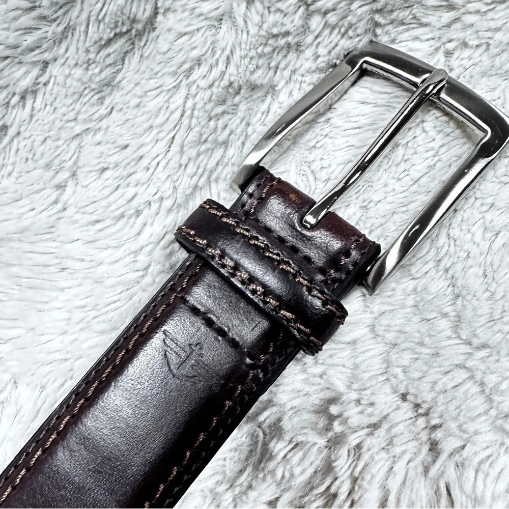 Dockers Mens Dark Brown Leather, Brushed Silver Colored Buckle, Belt, 42